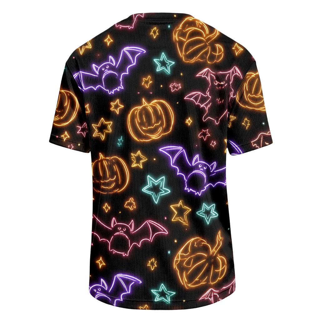 Men Casual Corduroy Short Sleeve Lightweight Breathable Round Neck Top Halloween Pattern Printed Shirt
