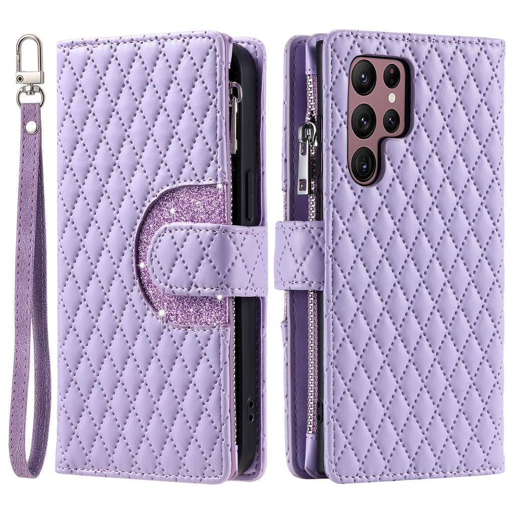 Bling Lanyard Leather Wallet Case for Samsung Galaxy S24 Ultra S23 FE S22 Plus S21 A15 A25 A35 A55 Zipper Cards Solt Bag Cover