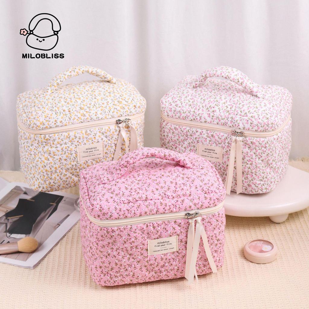 High-Capacity Quilted Floral Cosmetic Handbag