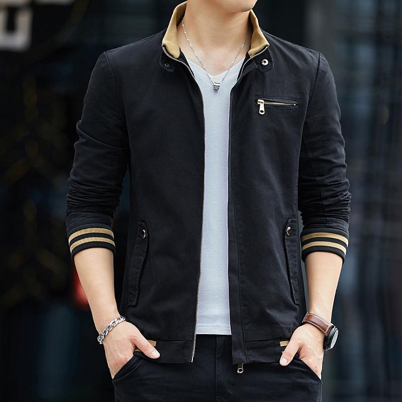 2026 spring and autumn new men's jacket Korean version of youth stand-up collar casual tooling pure cotton jacket solid color