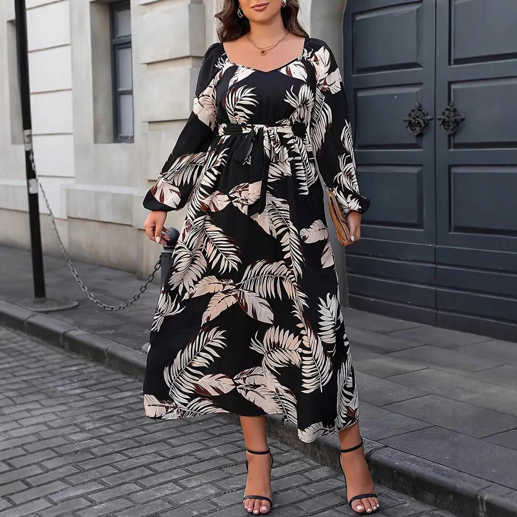 

Женское платье больших размеров с принтом, рукавами-фонариками, утягивающими талию, платья 3XL чёрный