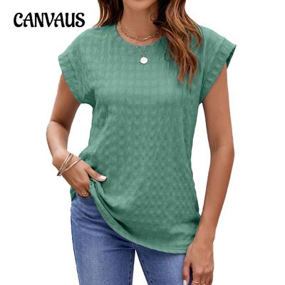 Letní dámské jednobarevné žakárové tričko s kulatým výstřihem a krátkým rukávem