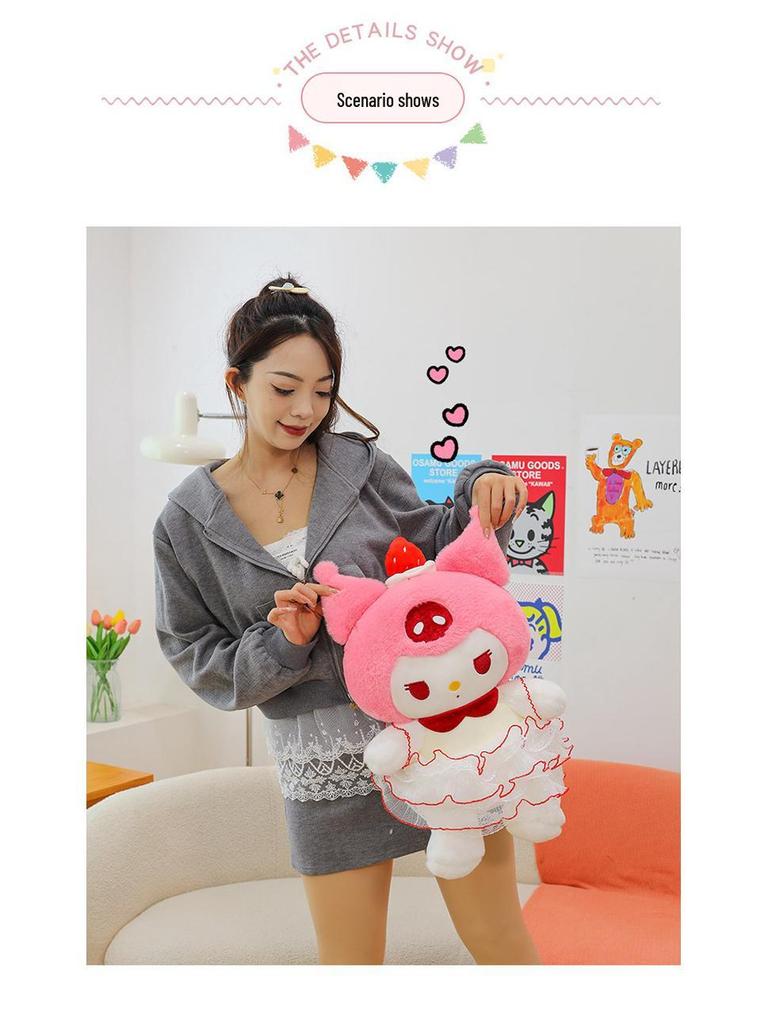 Kuromi Strawberry Cake Cat Doll with Birthday Hat Plush Toy