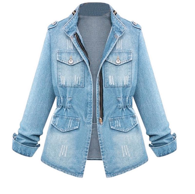 

European & American Fashion Multi-Pocket Elastic Waist Denim Jacket with Zipper Decoration for Women 4XL