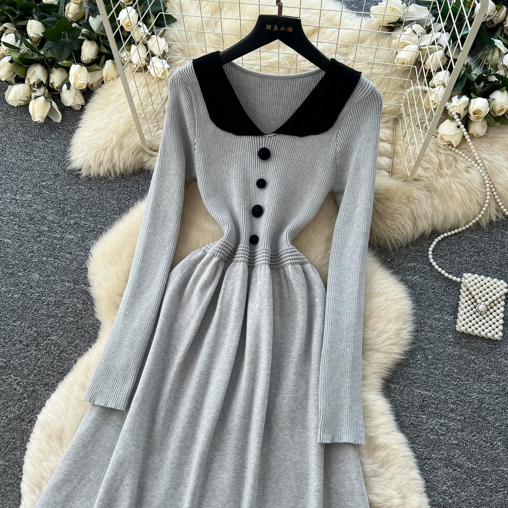 Korean-Style Peter Pan Collar Knit Dress for Women Fall Single-breasted Long Sleeve Slim-Fit Professional Elegant Sweater Dress
