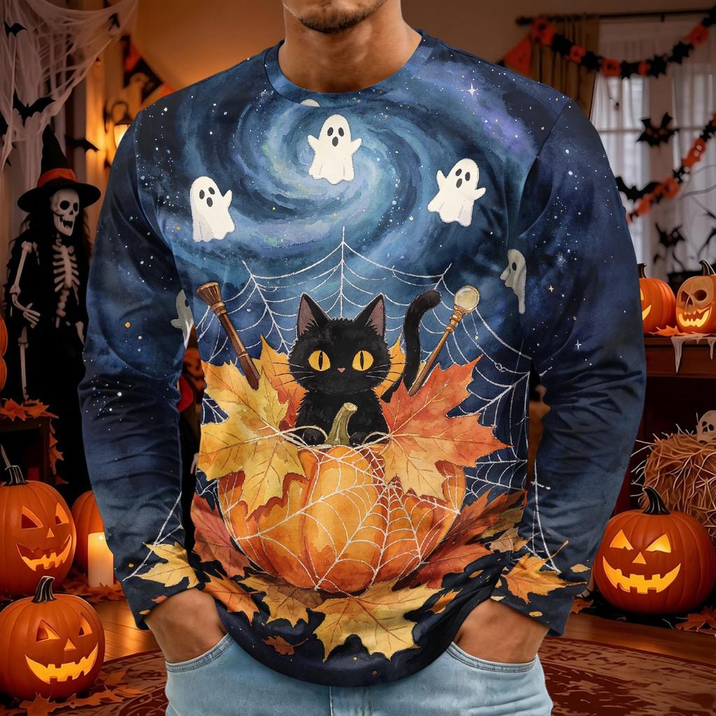 Men's Long Sleeve Halloween Print T-Shirt with Round Neck, Fashion Top for Halloween Events