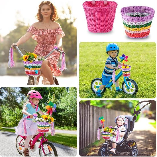 Kids Bike Basket, Bike Basket Front Bike Accessories for Girl Boys, Woven Bicycle Basket with Stickers, Bike Bell, Windmill, and 1pairs Colorful