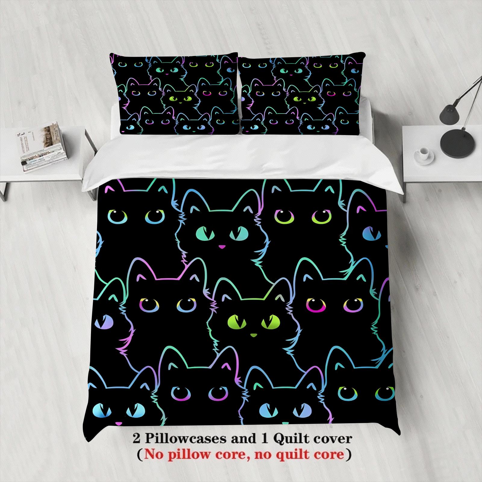 

Glowing Neon Cat Duvet Cover Set Multicolor Cat Head Bedding For Teens Girls Bedroom Twin Queen King Size With Pillowcases 135x200cm