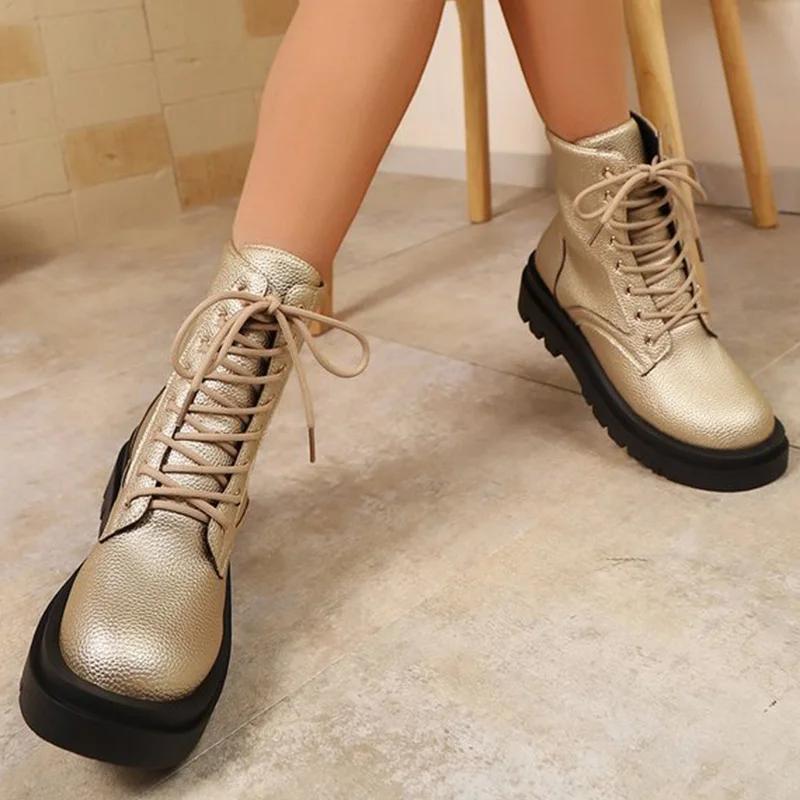 Golden Lace Up Ankle Boots Women Pu Leather Wedges Boots for Woman Spring Autumn Thick Bottom Plus Size 36-43 Booties Female