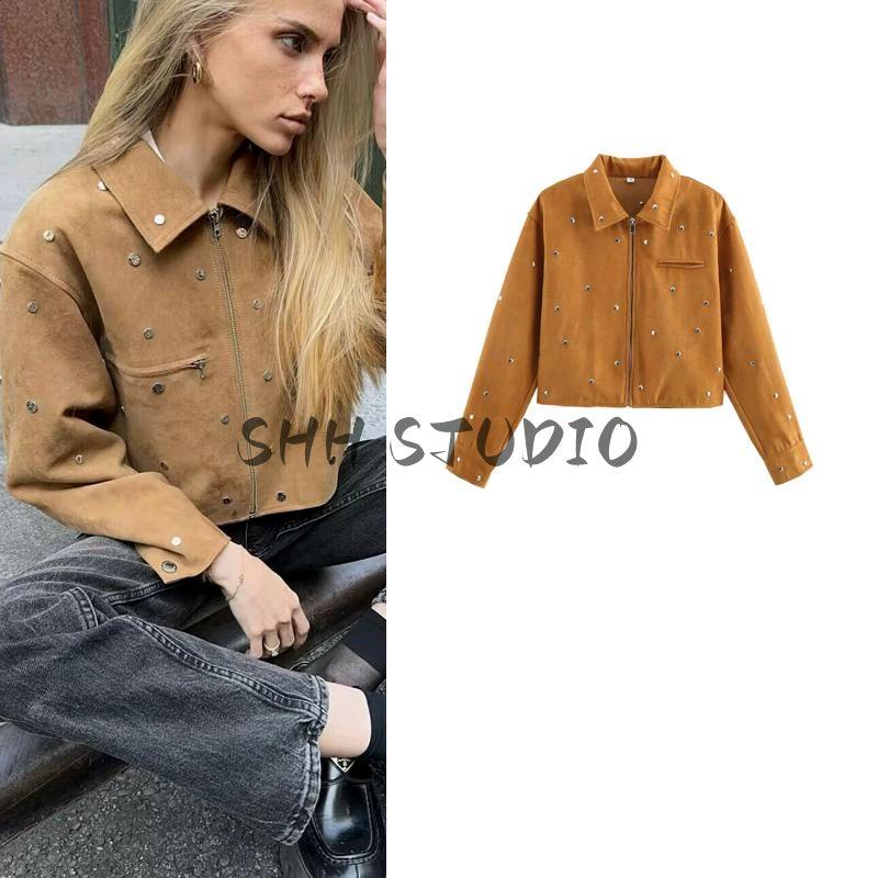 Spring New Women's Clothing Fashion Wind Casual All-Matching Turn-down Collar Long Sleeve Decorative Rivets Suede Jacket Outwear