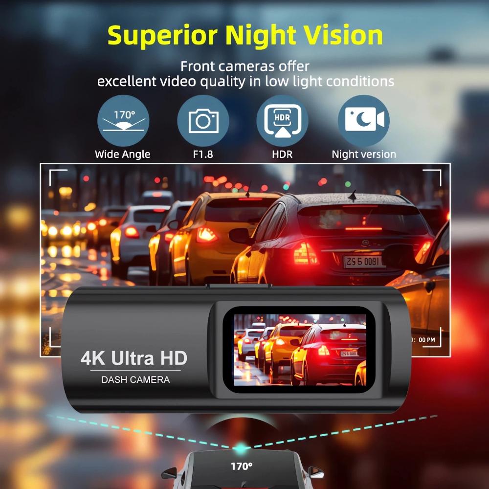 4K Ultra HD Dual Lens Auto Dash Recorder, Super Wide Angle Night Vision, Front Rear Recording with WiFi & Built-in GPS Module