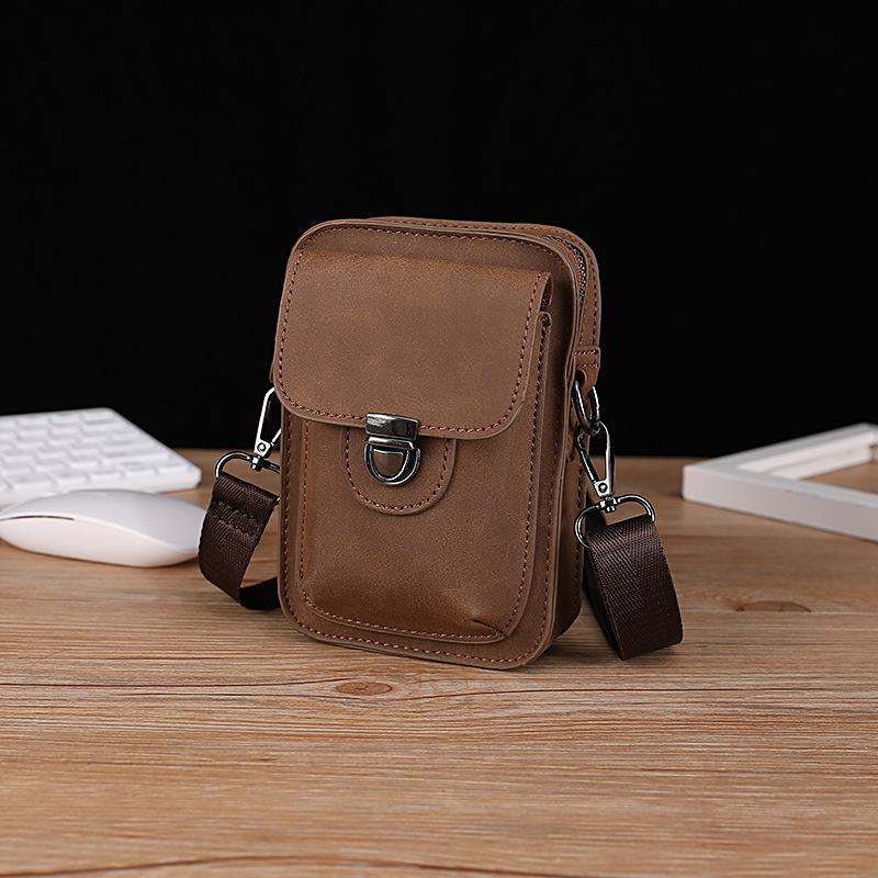 Men's Mobile Phone Bag PU Leather One-shoulder Small Bag Outdoor Leisure Mini Waist Bag Crazy Horse Leather Cigarette Bag