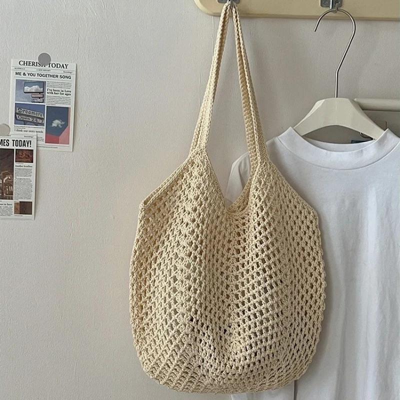 Leisure Large Capacity Cott Woven Bag Women s Shoulder Bags Casual Straw Wicker Woven Ladies Handmade Beach Tote Messenger Bag бежевый