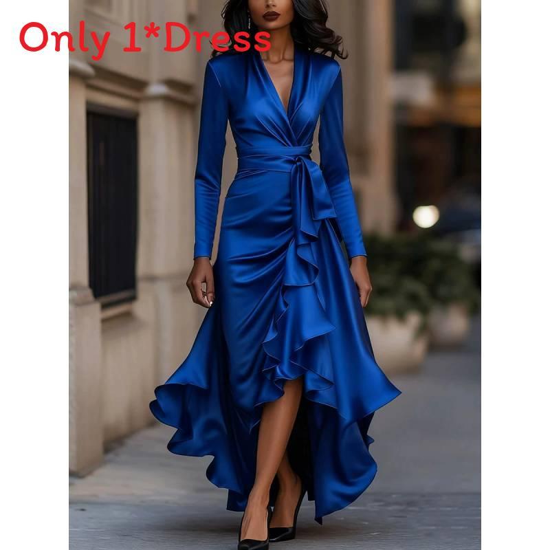 Polyester Satin Vneck Waist Ruffle Dress For Elegant Occasions
