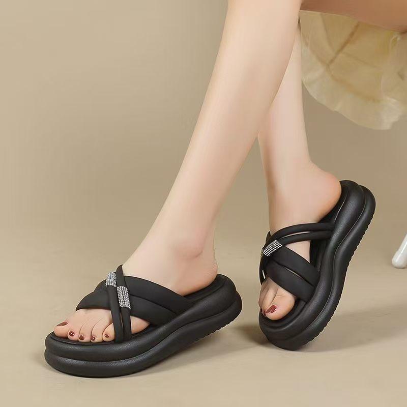 Sandals women's summer simple new soft-soled non-slip one-word drag muffin bottom rhinestone thick-soled beach shoes
