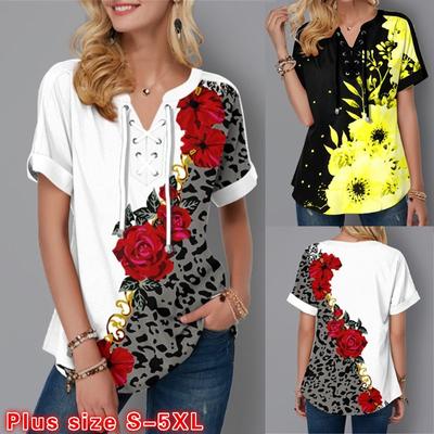 Women Fashion Short Sleeve T-Shirts Flower Print Bandage V-Neck Summer Tee Loose Casual Blouse Plus Size