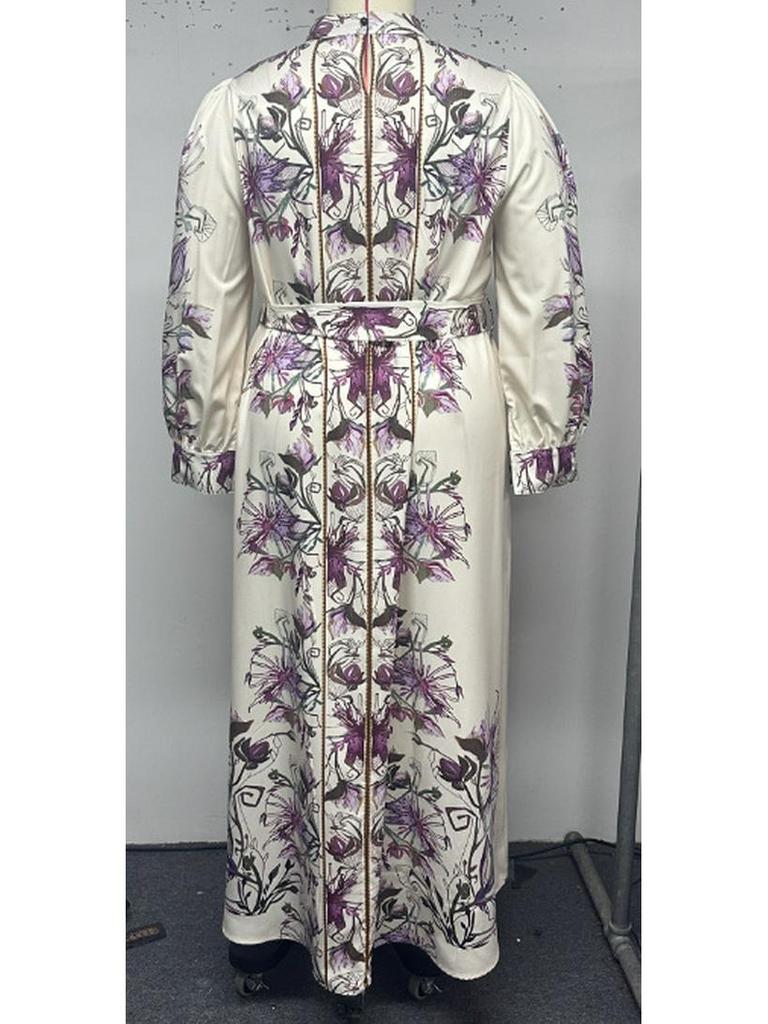 Dubai-Inspired Islamic Floral Lantern Sleeve Dress with Stand Collar