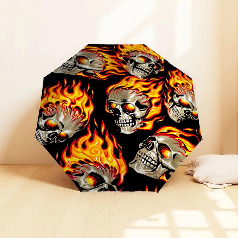 1pc Skulls Fire Pattern Umbrella Design Automatic Opening and Closing Umbrella, High-quality Travel Umbrella, Lightweight and Portable,