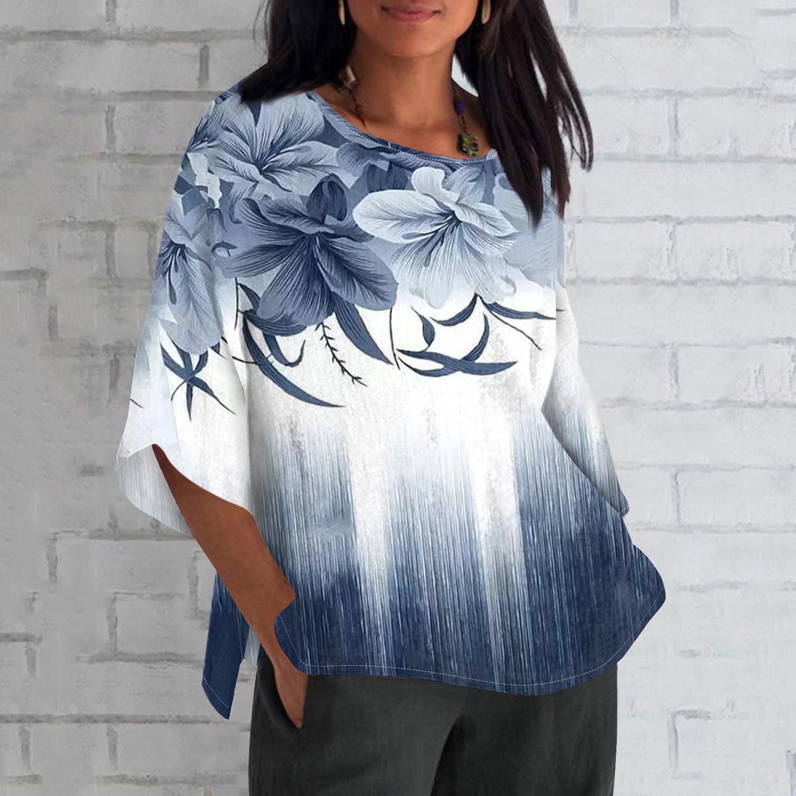 

Рубашка для женщин, модная повседневная свободная футболка с круглым вырезом и рукавами 3/4, женский топ L синий