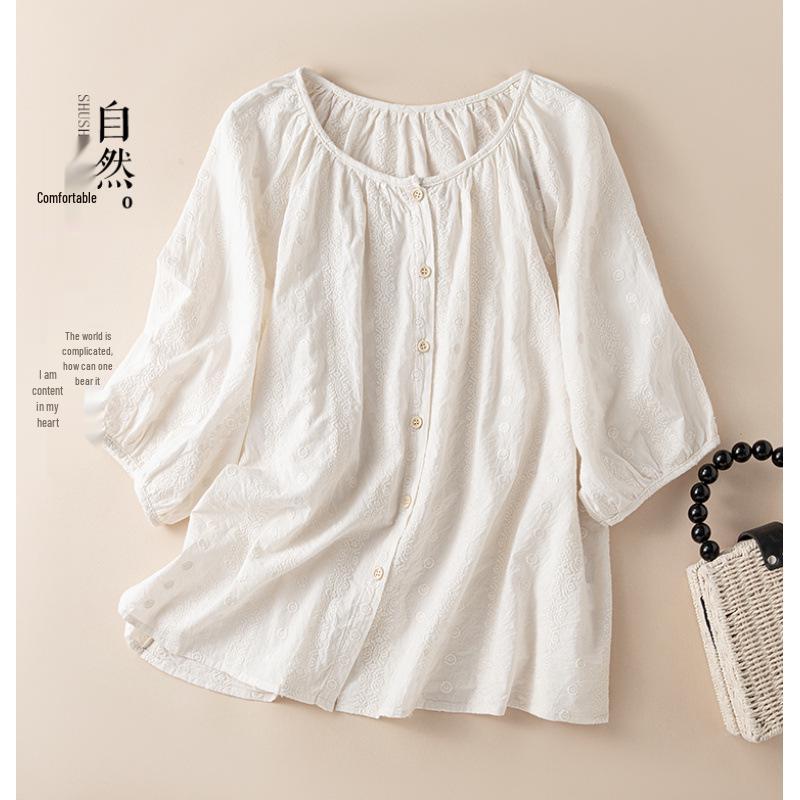 French Sweet Embroidered Cotton Girls  Summer Top with Round Neck & Seven Sleeves XL абрикосовый