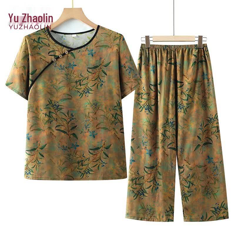 YUZHAOLIN Women s Mid-Aged Chinese Retro Button Summer Top & Pants Set 3XL