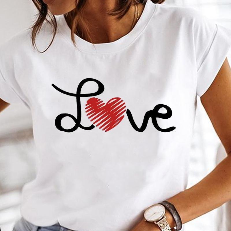 Womens White Short Sleeved Tshirt Love Printed Casual Simple Fashion Tshirt with Arrow Feather Design Fashion Trend Top