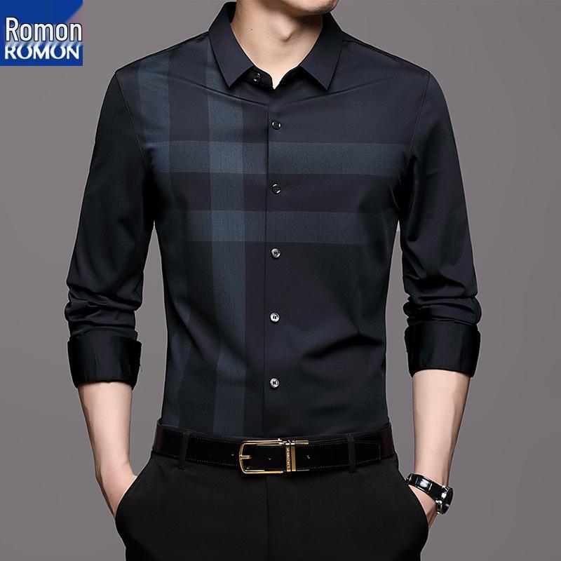 Romon Herren Maulbeerseide Langarm Nahtloses Knitterfreies Business Casual Hemd