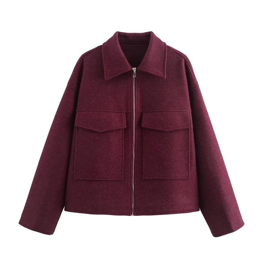 2025 Women's Casual Woolen Coat with Zipper and Big Pockets, Spring/Autumn Fashion, European & American Style, Loose Lapel Design