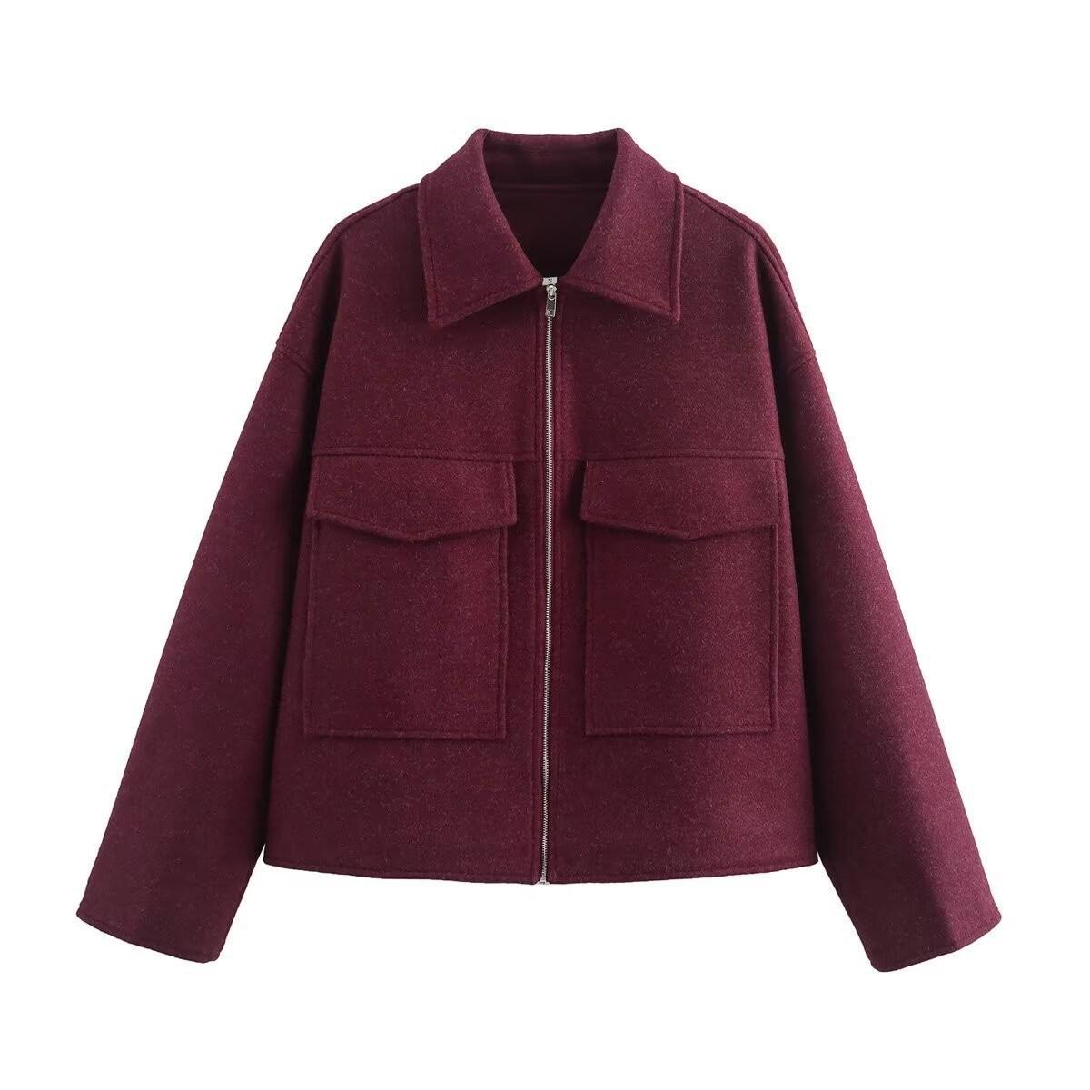 

2025 Women s Casual Woolen Coat with Zipper and Big Pockets, Spring/Autumn Fashion, European & American Style, Loose Lapel Design Large вина червоного кольору
