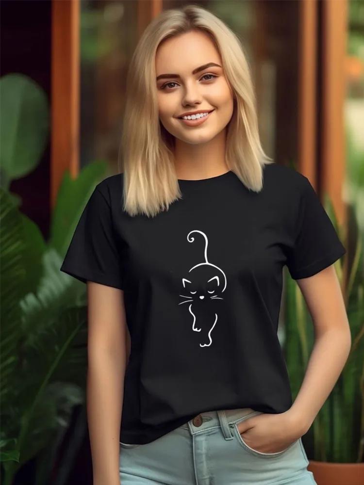 

Летние женские футболки больших размеров из 100% хлопка больших размеров с принтом кошек, повседневные топы, футболки с круглым вырезом