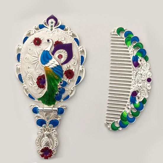 Vintage Folding Hand Mirror with Carved Comb Portable Travel Long Handle Metal Makeup Mirror Women Decorative Handheld Desk Vanity Mirror