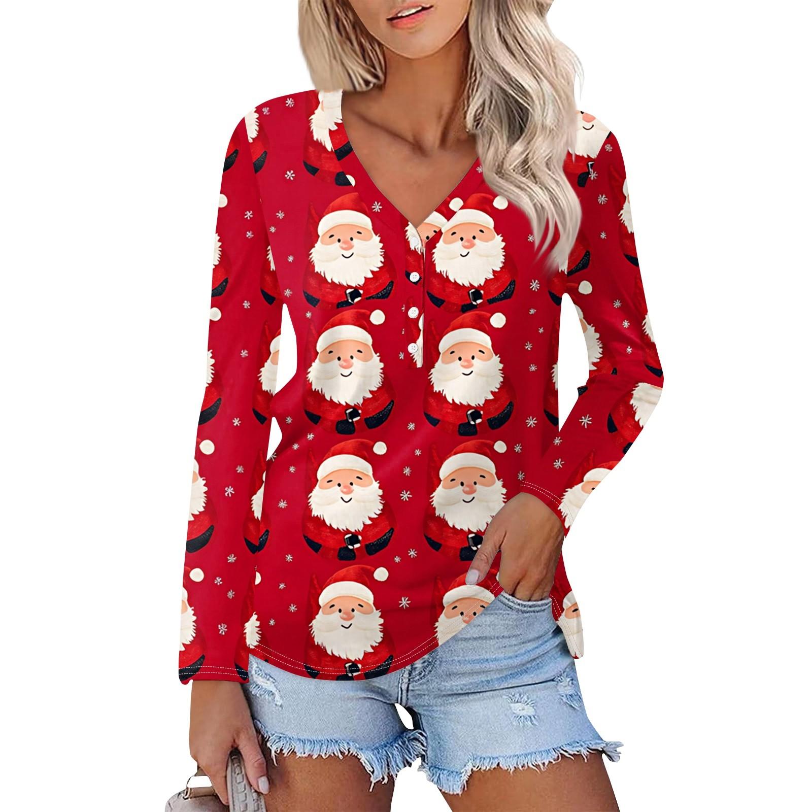 

Женская повседневная мода сексуальный комфорт рождественские принты V-образный вырез пуговицы длинный рукав футболка топ XXXL