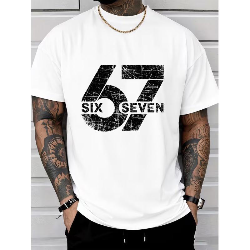 Футболка с принтом числа  67 , Короткий рукав, Уличный стиль, Универсальный мужской топ. С принтом цифры  67  с эффектом потертости и царапин S