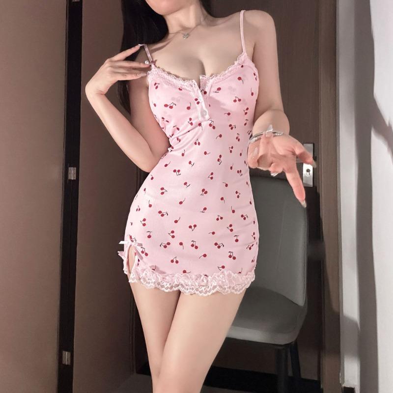 Pink cherry girl pure desire splicing lace print sweet tight hip wrap dress cute woman