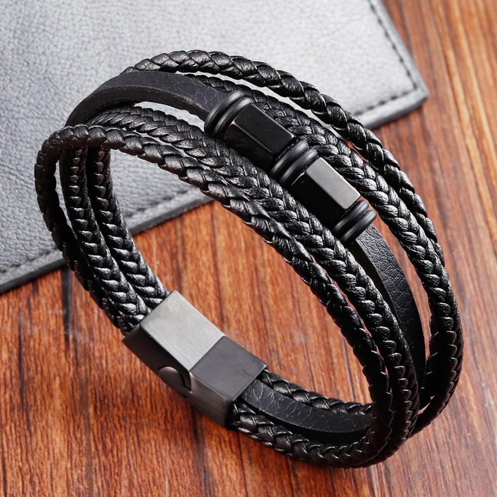 Zwart Leer Touw Koeienhuid Heren Dubbele Laag, Echt Leer Gevlochten Armband Handgemaakt Meerlaagse Leer Armband