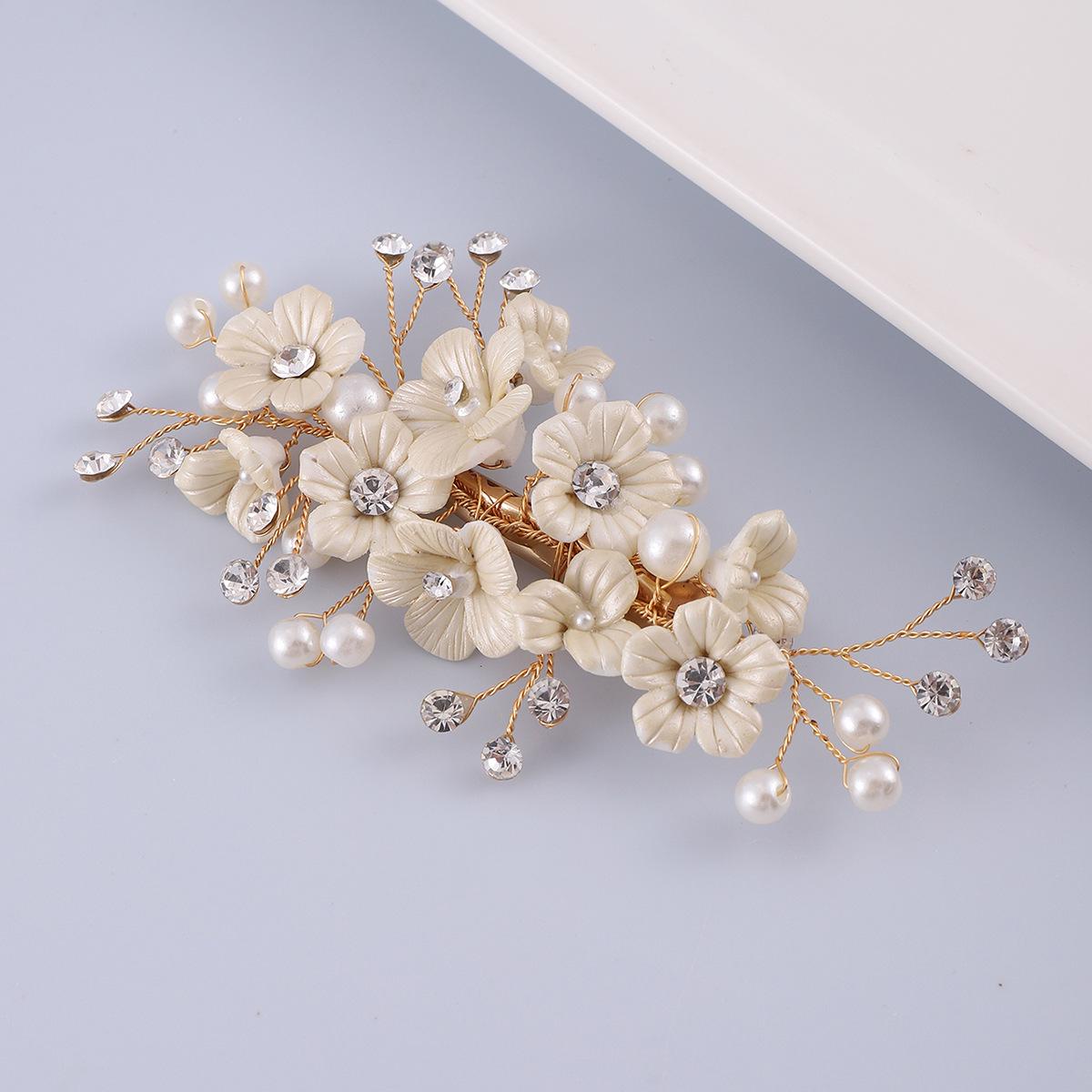 Handmade Pearl Plum Blossom Hair Clip - White Ceramic Flower Headdress for Bride