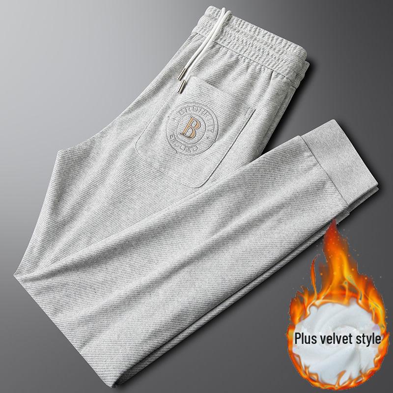 Men's European-Style Embroidered Velvet-Lined Sweatpants - Autumn/Winter Collection