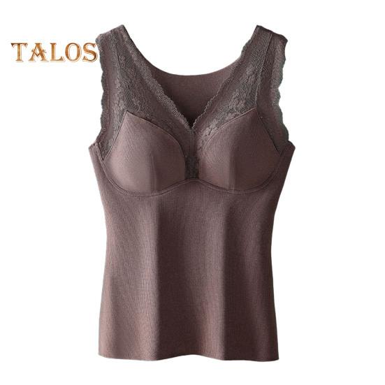 Winter Women Thermal Vest with Chest Pads Seamless Lace Fast Temperature Lock V Neck Slim Fit Elastic Sleeveless Inner Wear Bottoming Tank Top