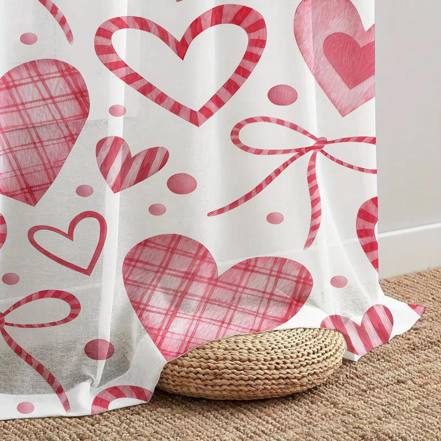 Single Panel White Background Red Grid Heart Shaped Bow Curtain Romantic Style Living Room Bedroom Translucent Polyester Ideal For Sitting