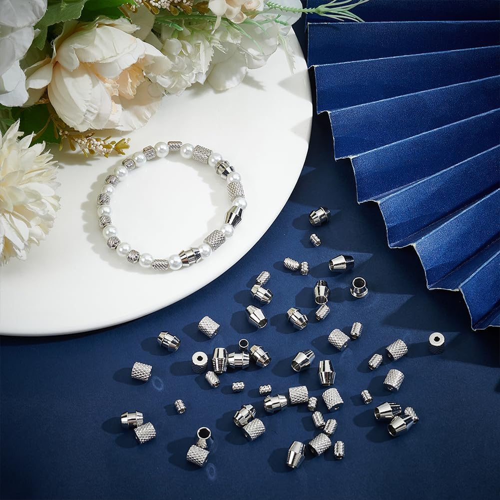 UNICRAFTALE 100Pcs 5 Styles Paracord Bead Grooved Column Beads Metal Lanyard Beads Column Spacer Beads Stainless Steel European Beads Bracelet Beads