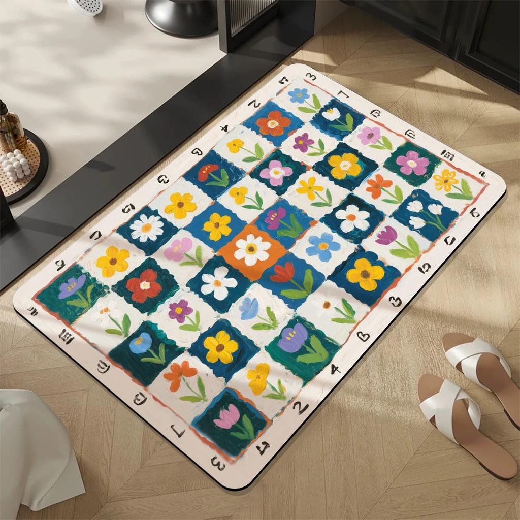 Checkerboard Oil Painting Flower Printed Bathroom Bedroom Floor Mat Anti-Slip Colorful Bathroom Door Carpet Home Decoration