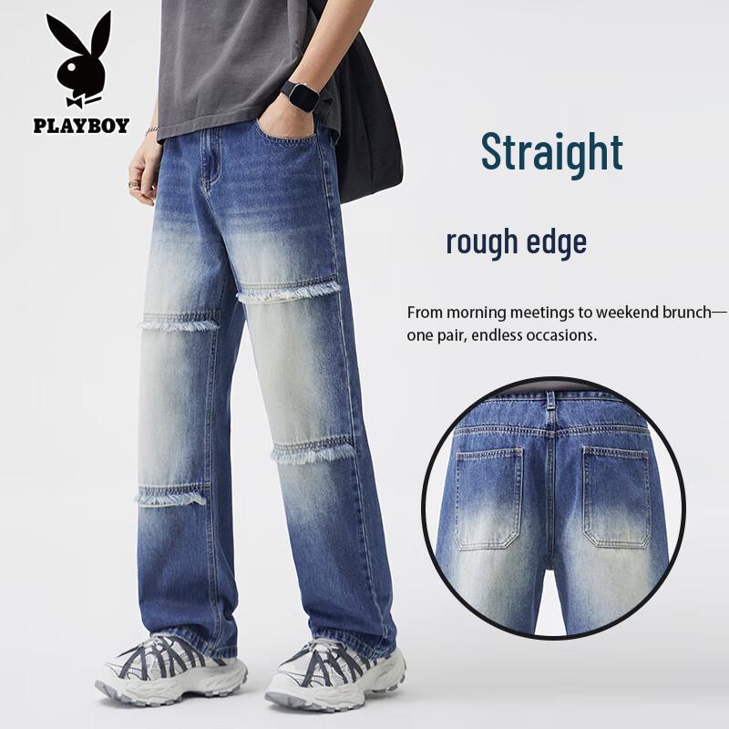 PLAYBOY Men s Washed Frayed Loose Straight Jeans 38