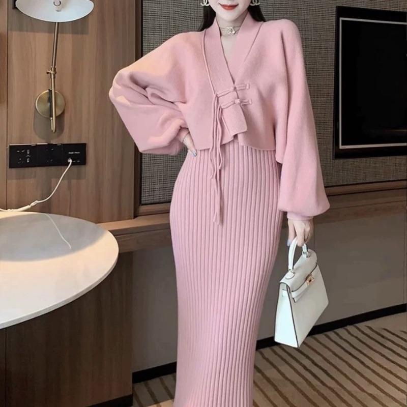 

Комплект из двух предметов из трикотажного ретро-трикотажа для женщин, осень/зима, ленивый стиль, мягкий свитер, кардиган, пальто One Size розовый