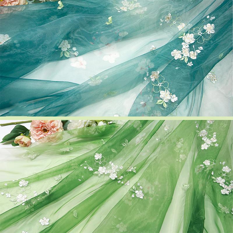 Small Pear Flower Embroidery Green Blue Tulle Fabric Chinese Style Chiffon Fabric For Diy Sewing Dress Hanfu Shirts Doll Cloth