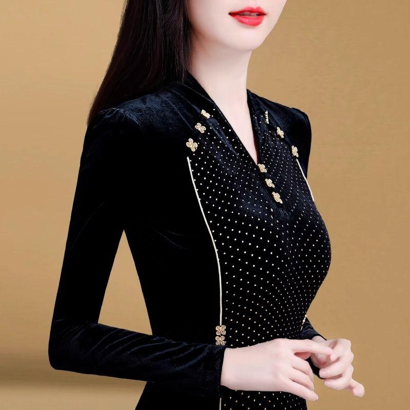 Damen Herbst Winter Neu Spleißen V-Ausschnitt Bestickt Schlagärmel Mode Einfarbig Schlankmachend Minimalistisch Lässig Langarm Oberteil