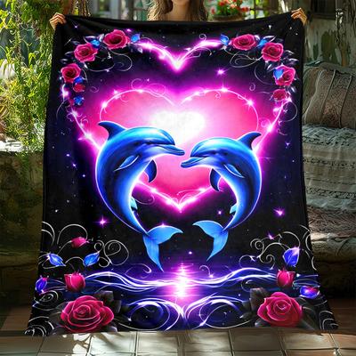 Novel Design Heart Dolphin Blanket, Soft Flannel Throw, Unique Gift for All Seasons, Lightweight for Sofa Camping Office Decor