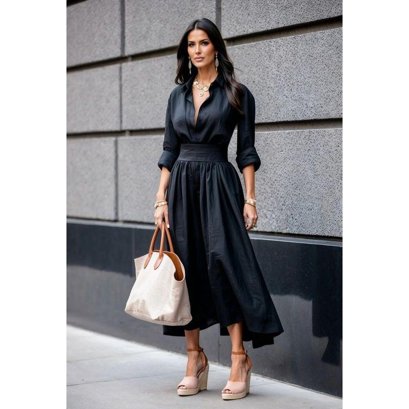 

Long Length Dress Long sleeve Solid Fashion V-neck Waist Hugging Long Dress Women Black XXL