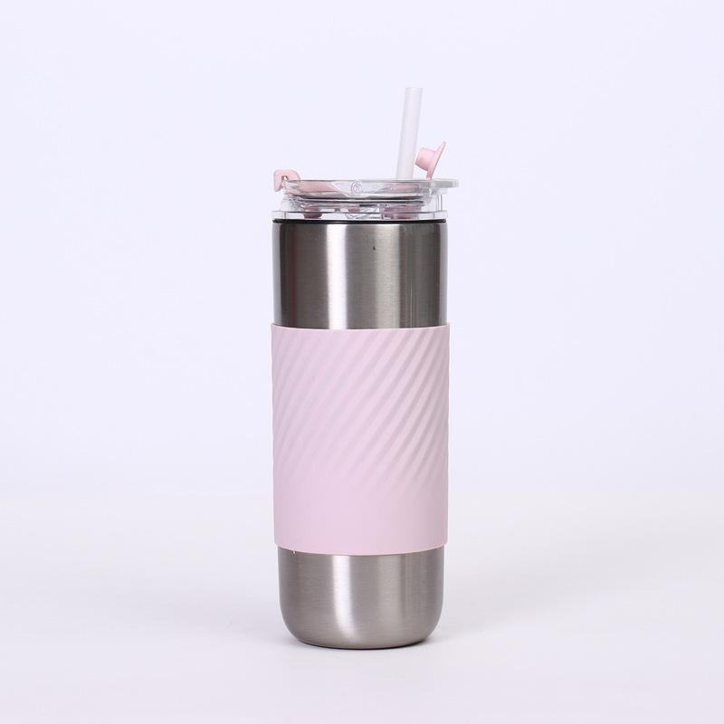 500ml Stainless Steel Insulated Tumbler with Silicone Grip Straw LeakProof Travel Coffee Mug Dual Drinking Mode