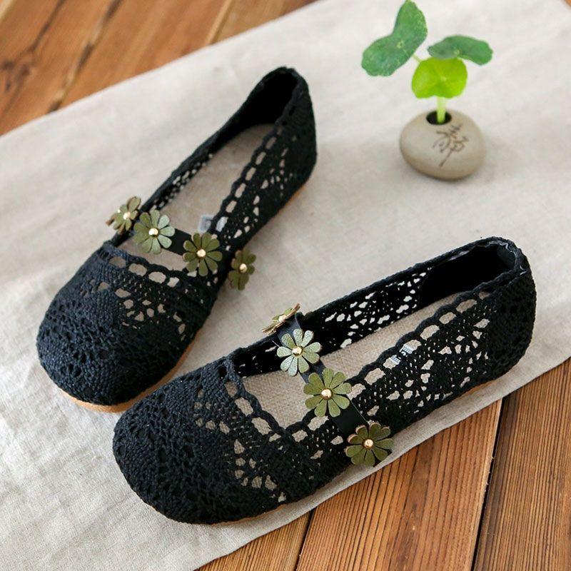 Fashion Elegant Woman Shoe Summer Air Mesh Flats Women's Breathable Mary Jane Shoes Ladies Ankle Strappy Ballet Shoes Cutout Lace Loafer