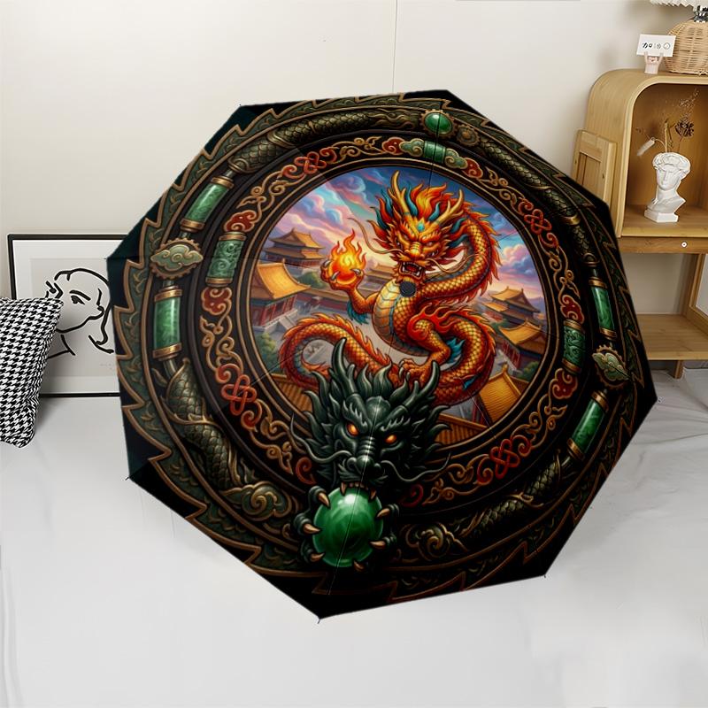 Chinese Dragon Emblem pattern umbrella, portable and foldable design, 8 ribs, a casual accessory for Halloween, Christmas, and birthday gifts.
